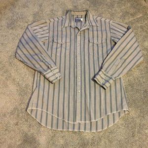 Wrangler Button Up Shirt Adult Size Large Gray Blue Striped Pearl Snap Western